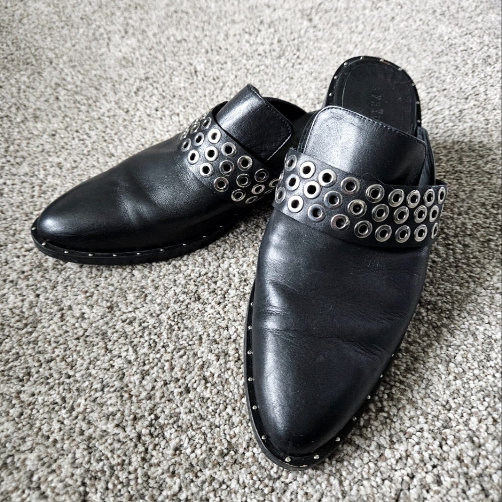 Freda Salvador Women's Leather D'orsay Mule Flats Black Studded Size 7